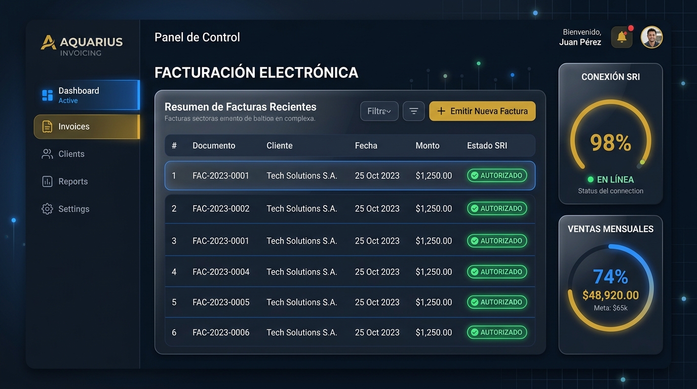 Dashboard del sistema de facturación electrónica mostrando facturas autorizadas por el SRI e indicadores de ventas