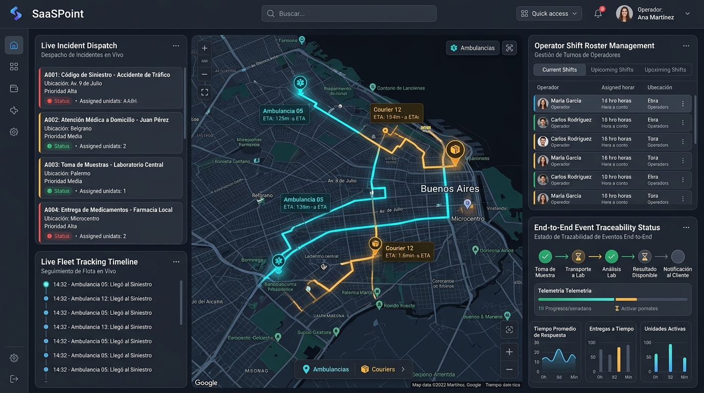 Centro de Mando de Operaciones SaaSPoint con mapa Google Maps y Geoapify, despacho de ambulancias y trazabilidad de eventos
