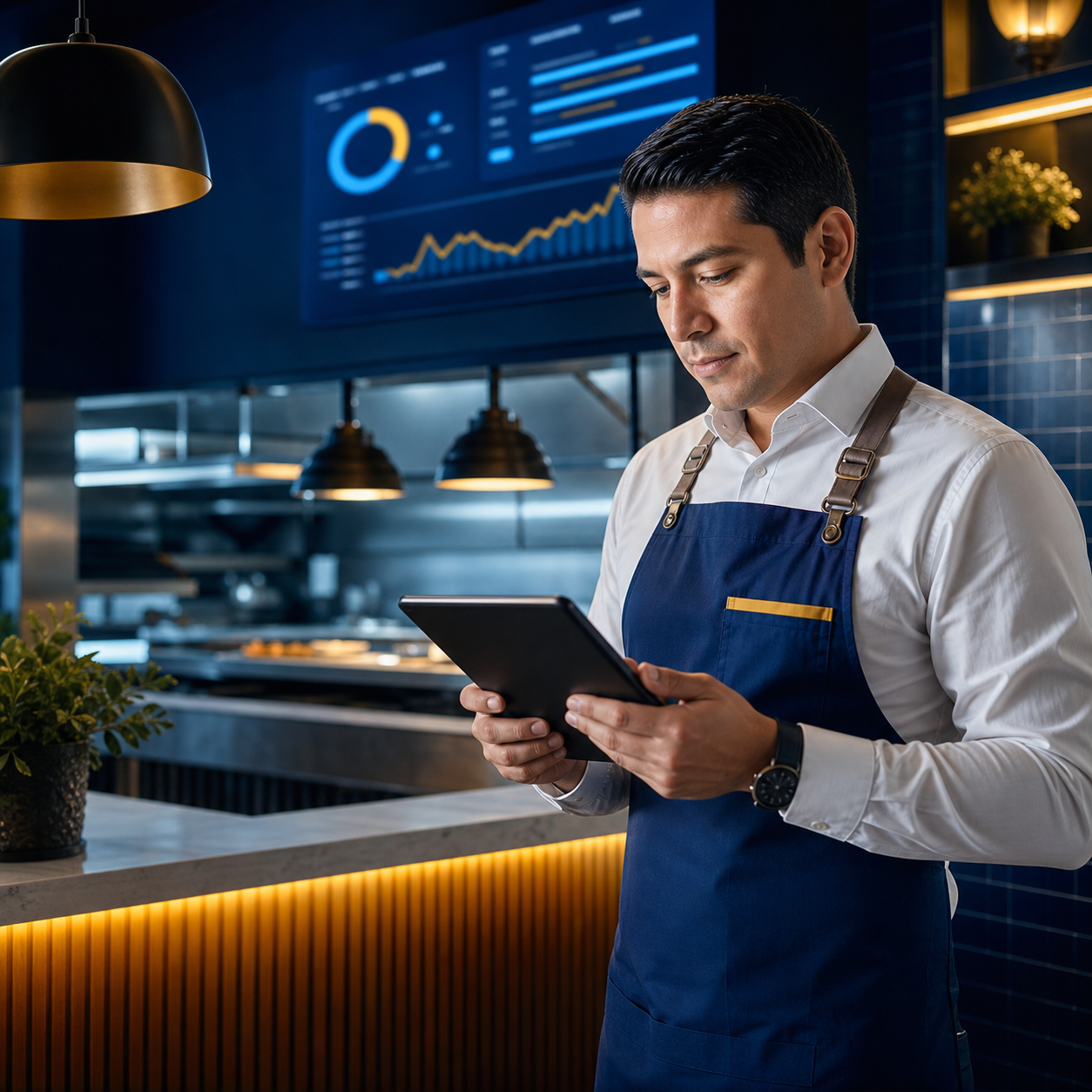 Encargado de restaurante usando una tablet para coordinar comandas, cocina y caja