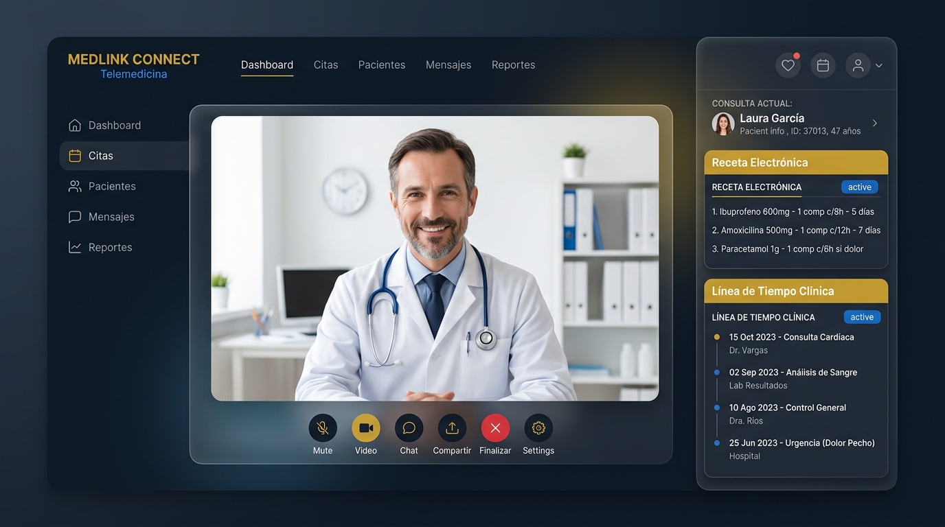 Plataforma de Telemedicina de SaaSPoint mostrando una videollamada médica con receta digital e historial clínico en pantalla